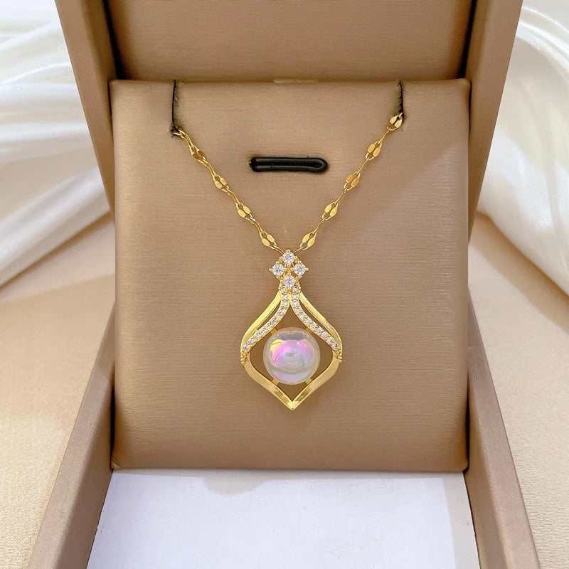 Zirconia Waterdrop Mermaid Pendant Necklace | Gold Steel Pendant Necklace Nixie