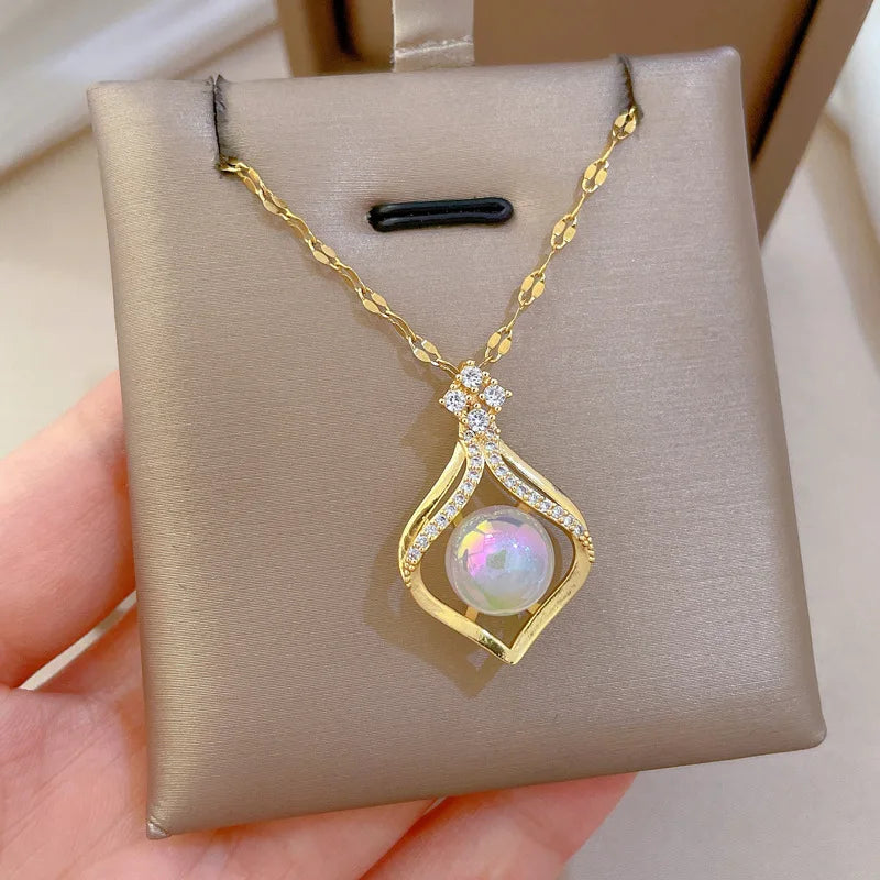 Zirconia Waterdrop Mermaid Pendant Necklace | Gold Steel Pendant Necklace Nixie