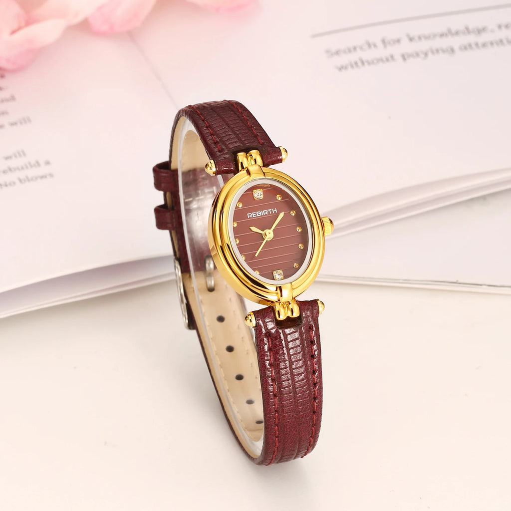 REBIRTH Women's Quartz Watch – Elegant Leather Band, Alloy Case Women's Quartz Watch Nixie