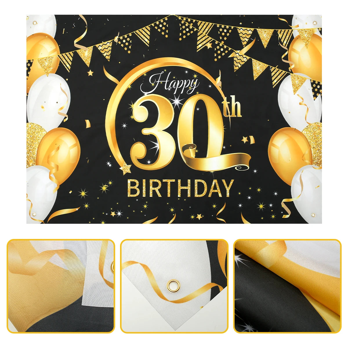 Black Gold Happy Birthday Banner 30th 40th 50th 60th Party