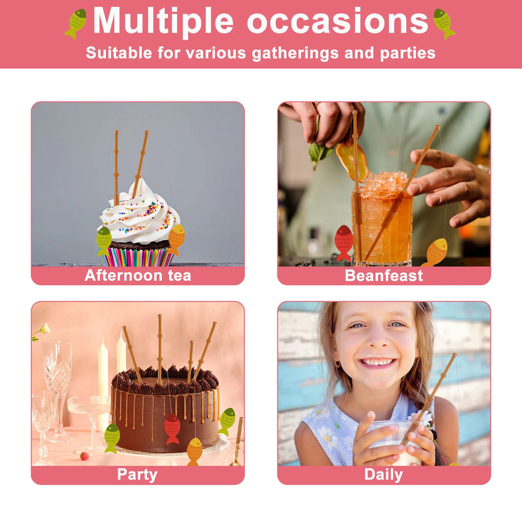 40Pcs Mini Fishing Rod Cake Toppers – Party Decorations Cake Topper Set Nixie