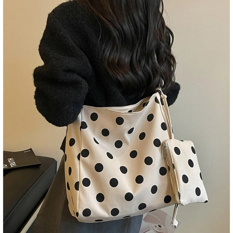 Women's Large Capacity Polka Dot Canvas Tote Shoulder Bag Canvas Tote Bag Nixie