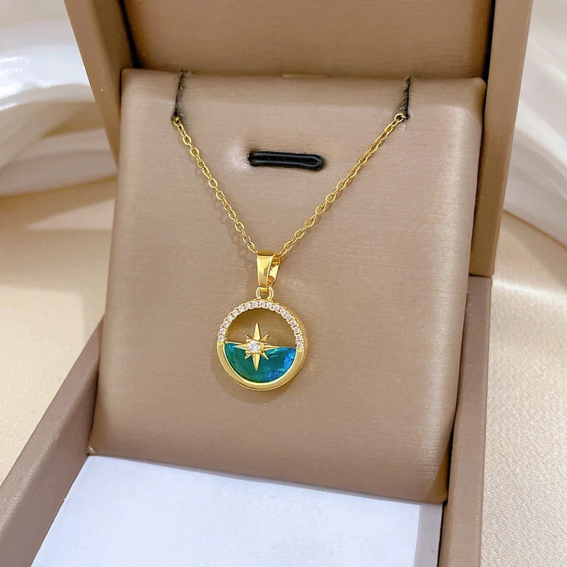 Women's Gold Starburst Pendant Clavicle Necklace – Stainless Steel