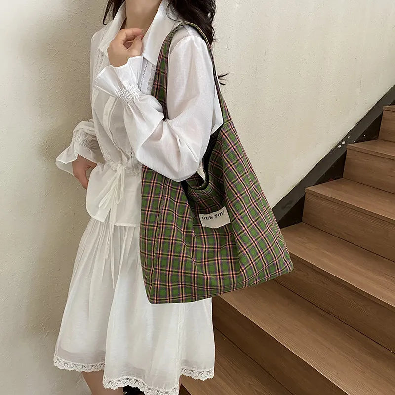 Women's Plaid Canvas Shoulder Bag | Large Capacity Korean Style Canvas Shoulder Bag Nixie