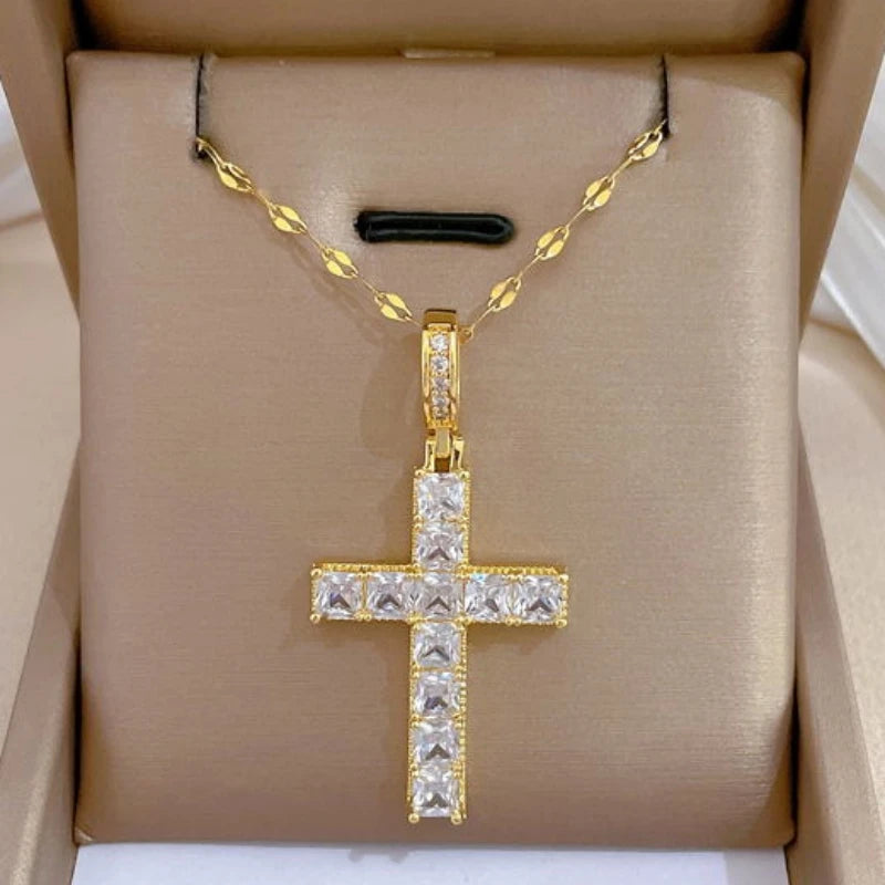 Women's Gold Cross Pendant Necklace – Stainless Steel Choker Pendant Necklace Nixie