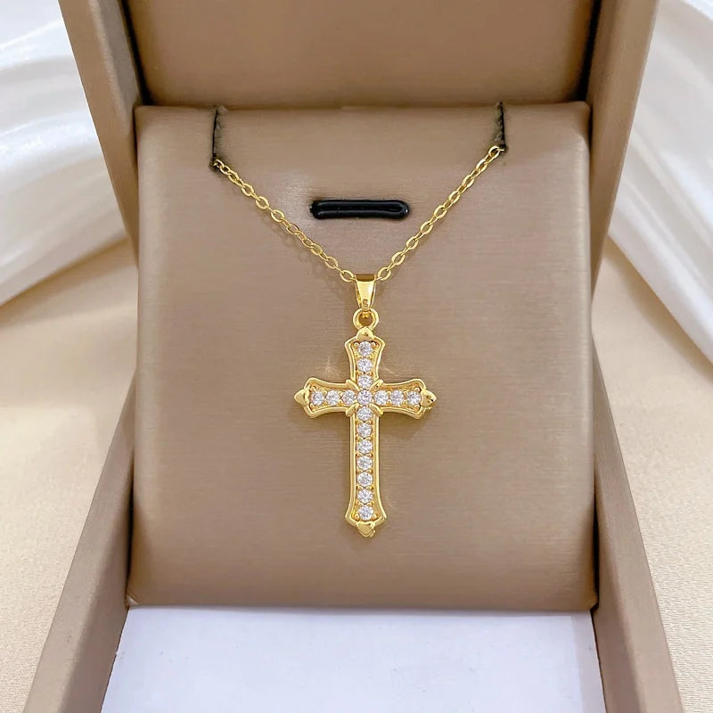 Women's Gold Cross Pendant Necklace – Zircon & Stainless Steel Pendant Necklace Nixie