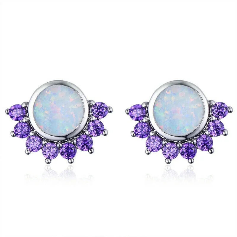 Round Simulated Opal Silver-Plated Stud Earrings – Vintage Style Stud Earrings Nixie