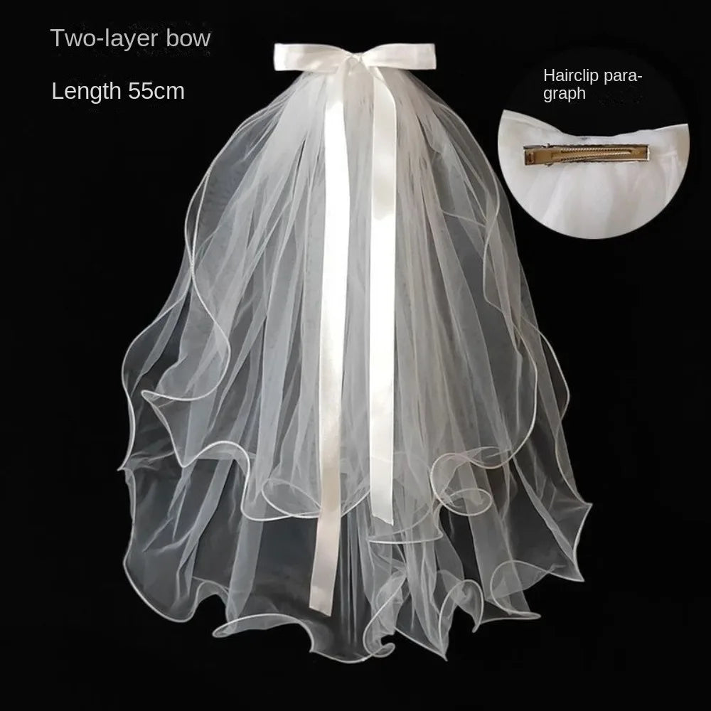 White Tulle Bridal Veil with Pearls & Clip – 21.6 Inch