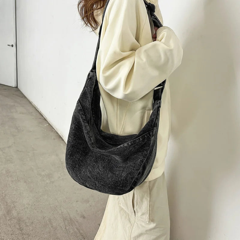 Washed Denim Crossbody Bag – Large Capacity Shoulder Bag Denim Crossbody Bag Nixie