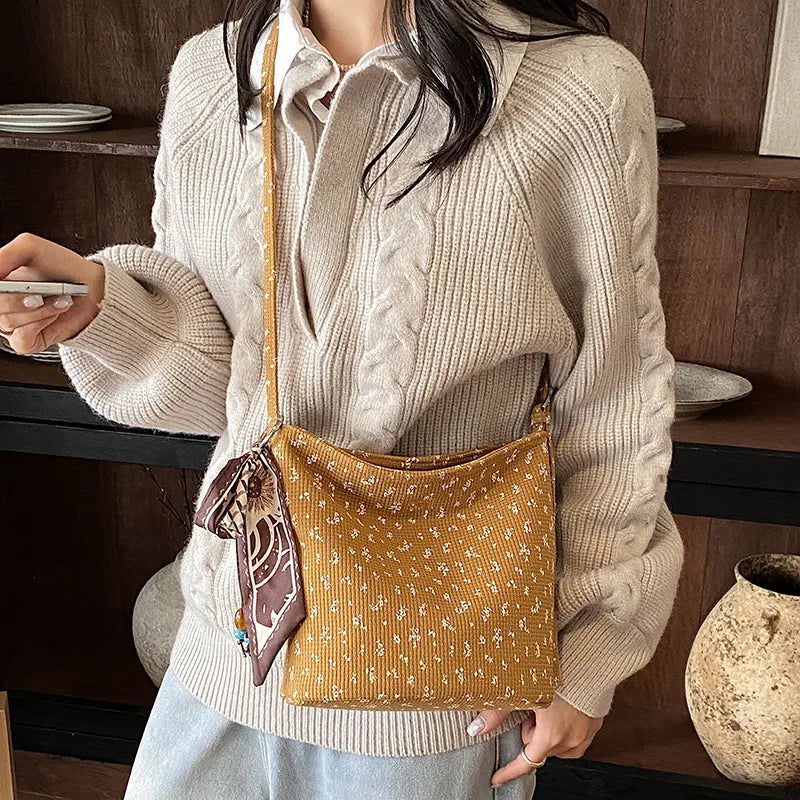 Retro Floral Canvas Bucket Bag – Korean-Style Women's Tote Canvas Bucket Bag Nixie