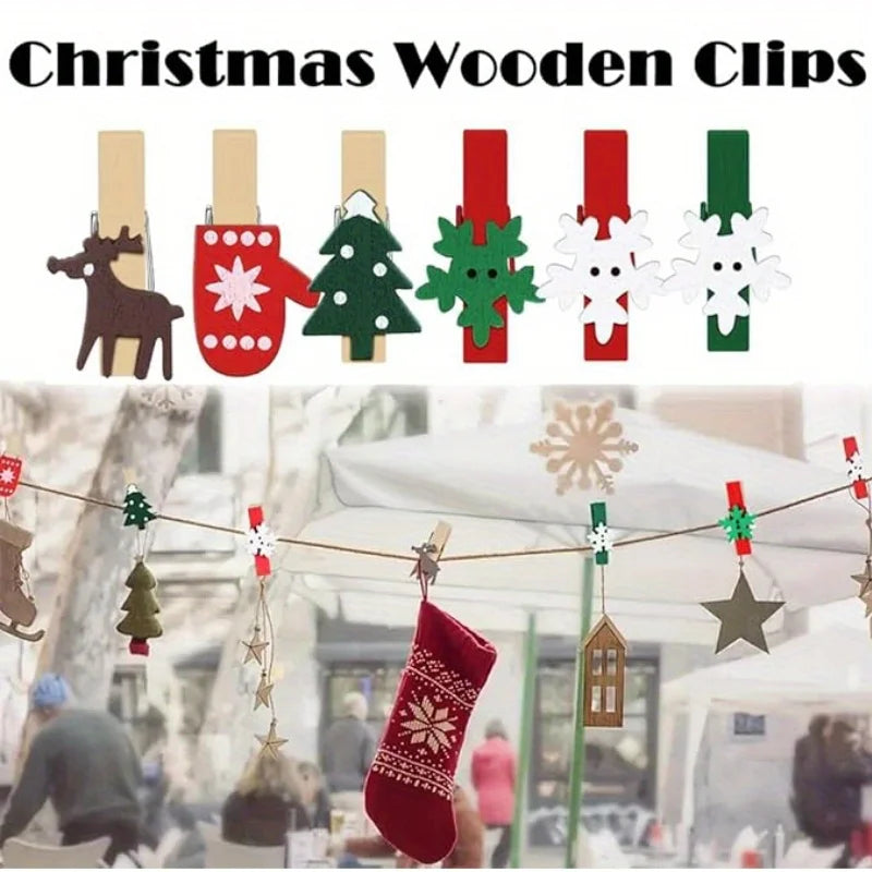 20-Pack Wooden Holiday Pegs – Trees, Snowflakes & Deer Holiday Craft Pegs Nixie