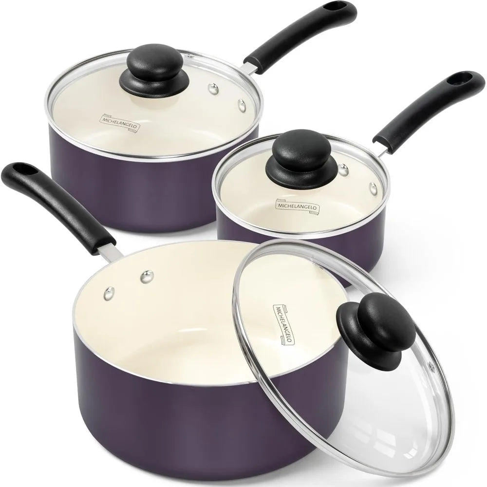 MICHELANGELO 3-Pc Nonstick Ceramic Saucepan Set 1QT 2QT 3QT Nonstick Saucepan Set Nixie