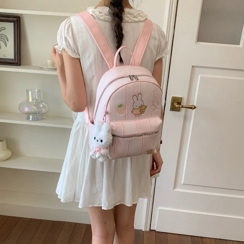 Cartoon Plaid Canvas Backpack for Women – Large Capacity Canvas Backpack Nixie Pink