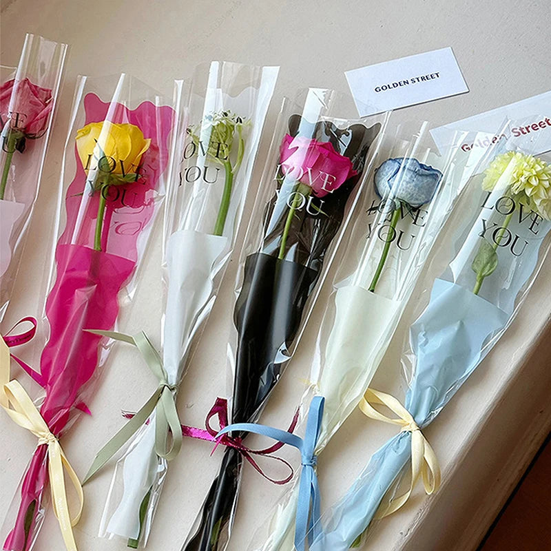 50PCS Iridescent Rose Sleeves Transparent Flower Wrapping Bags