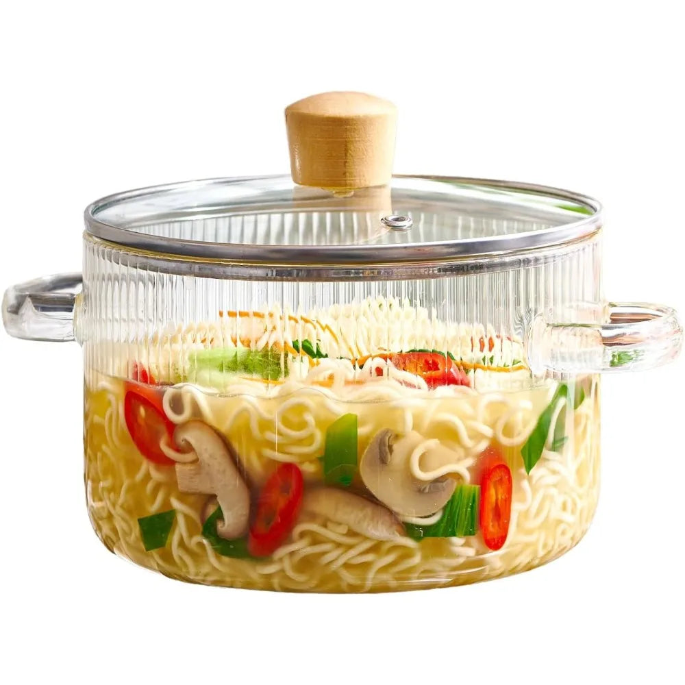 FEB.WIND 1.6L Glass Soup Pot with Lid & Wooden Handle Glass Cooking Pot Nixie
