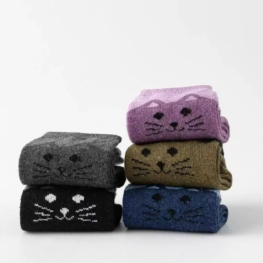 5 Pairs Women's Cotton Cartoon Cat Crew Socks | Mid-Calf Women's Crew Socks Nixie