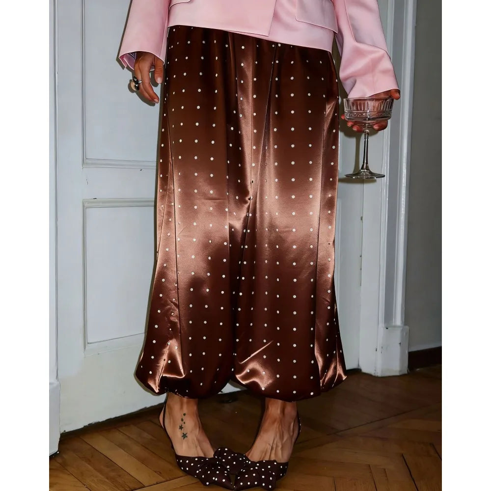 Women's Satin Polka Dot Wide Leg Pants – Elastic Waist