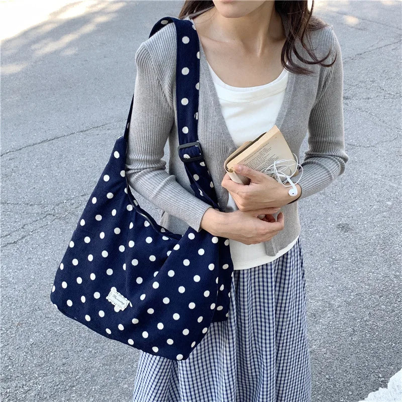 Korean Polka Dot Canvas Crossbody Tote Bag – Large Capacity Crossbody Shoulder Bag Nixie