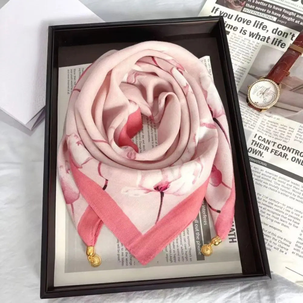 Magnetic Buckle Floral Square Silk Scarf with Tassel | Nixie Fashion Scarf Nixie