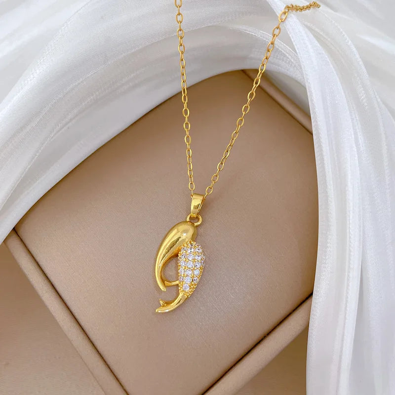 Double Fish Pendant Necklace – Gold Stainless Steel Choker Pendant Necklace Nixie