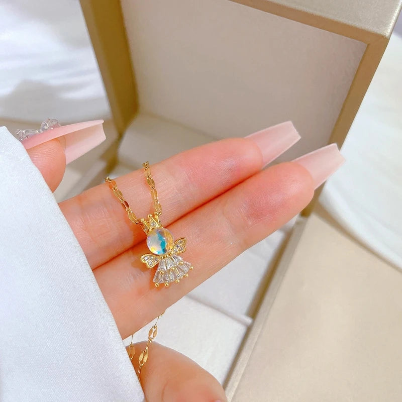 Angel Aurora Pendant Choker Necklace – Gold Stainless Steel Pendant Choker Necklace Nixie