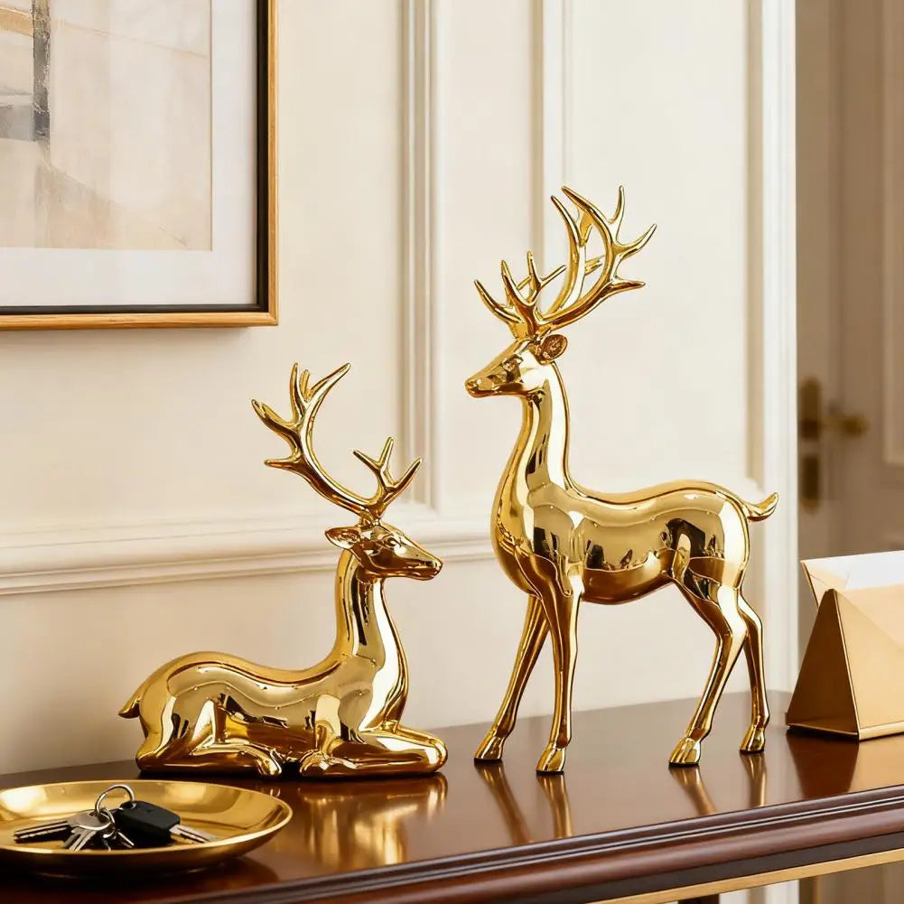 Gold Christmas Reindeer Statue Pair – Elk Figurine Home Décor Holiday Figurine Set Nixie