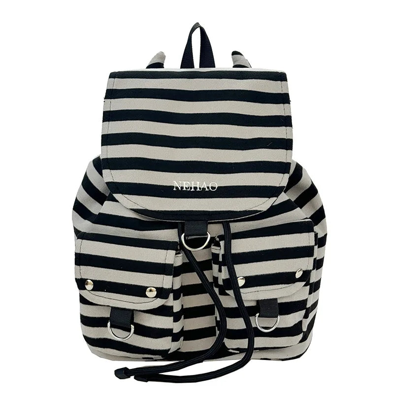 Korean Striped Canvas Drawstring Backpack – Casual School Travel Bag Canvas Drawstring Backpack Nixie