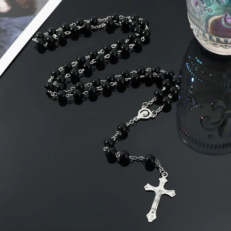 Handmade Vintage Pearl Rosary Beads Necklace with Cross Pendant Fashion Necklace Nixie