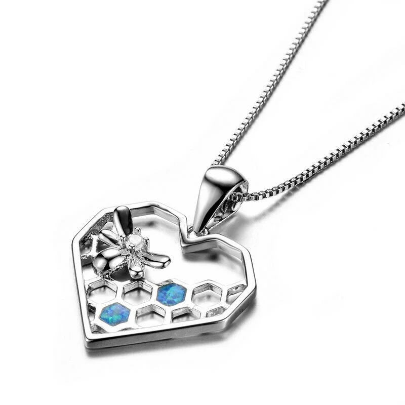 Simulated Opal Heart & Bee Pendant Necklace | Nixie Fashion Pendant Necklace Nixie