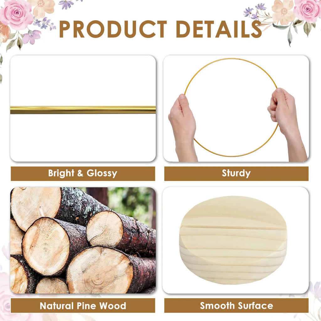 12-Pack Gold Metal Floral Hoops with Round Wood Stands Floral Hoop Set Nixie