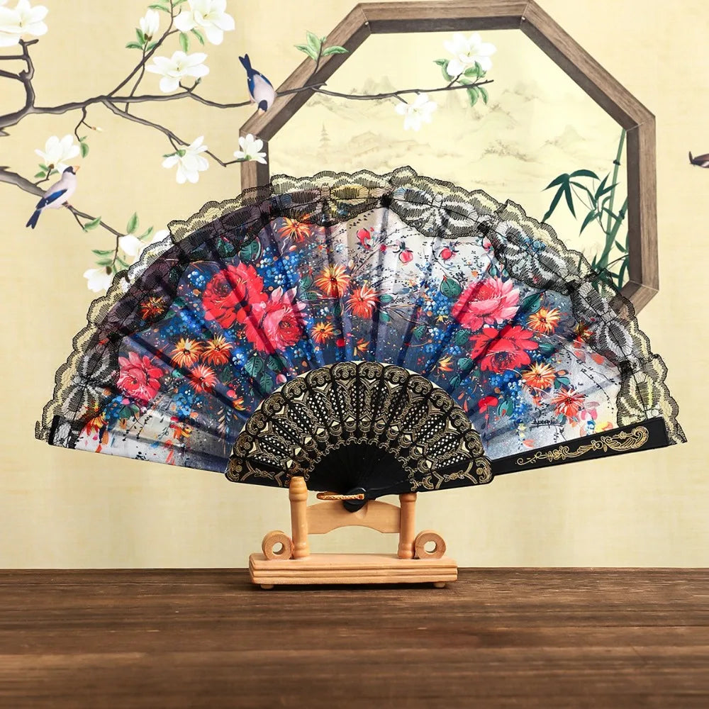Spanish Folding Fan Black Floral Lace Dance Prop & Gift
