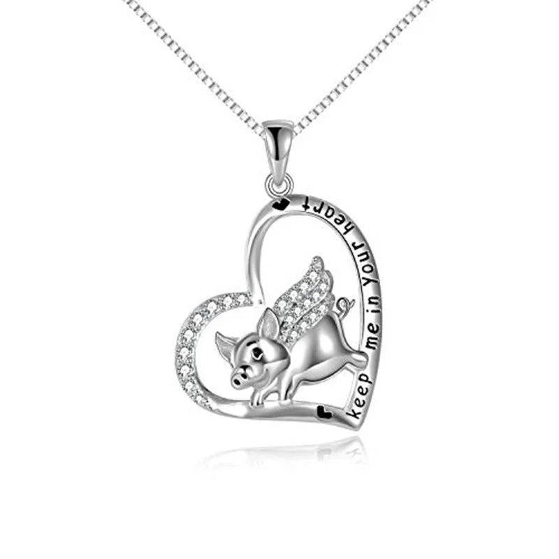 Silver Pig Heart Engraved Pendant Necklace | Cute Fashion Jewelry Pendant Necklace Nixie Default Title