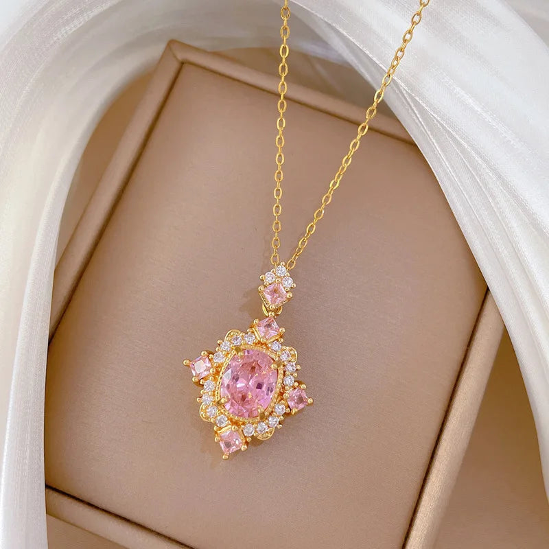 Pink Zircon Geometric Choker Pendant Necklace | Women's Gold Pendant Choker Necklace Nixie