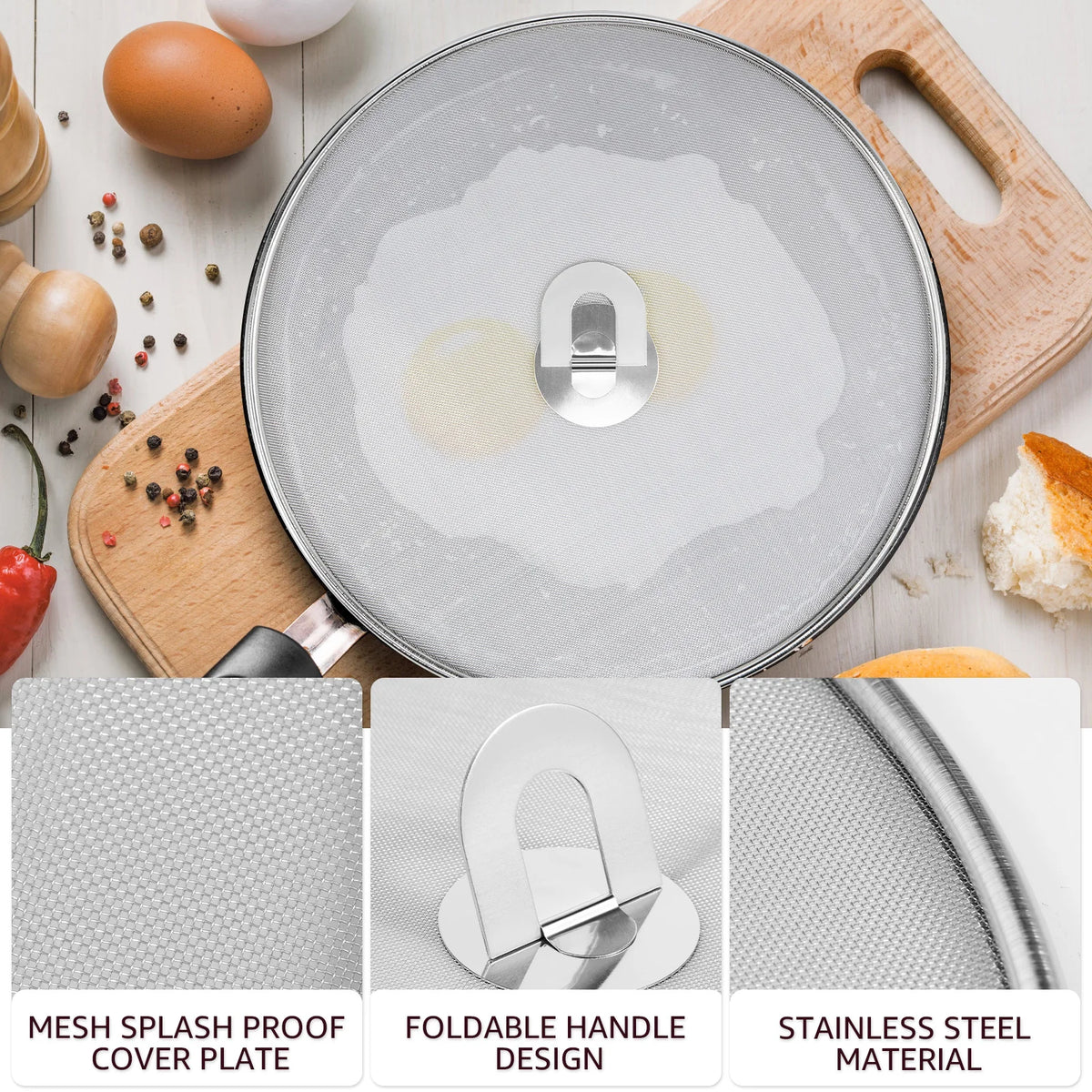 3-Piece Stainless Steel Splatter Screen Set with Foldable Handle