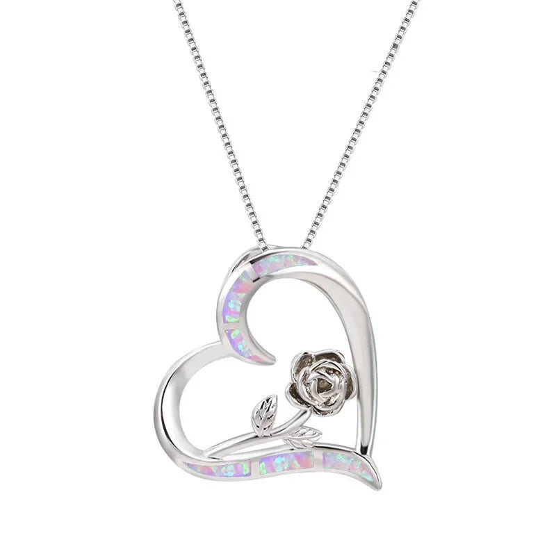 Purple Simulated Opal Heart Pendant Necklace | Rhinestone Heart Pendant Necklace Nixie