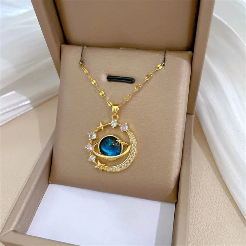 Star & Moon Pendant Necklace – Gold Zircon Clavicle Chain Pendant Necklace Nixie
