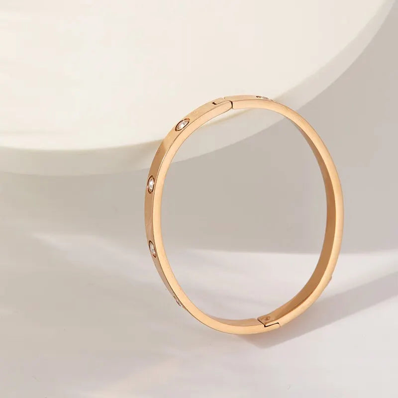 Rose Gold Stainless Steel Bangle Bracelet | Oval Crystal Accents Bangle Bracelet Nixie