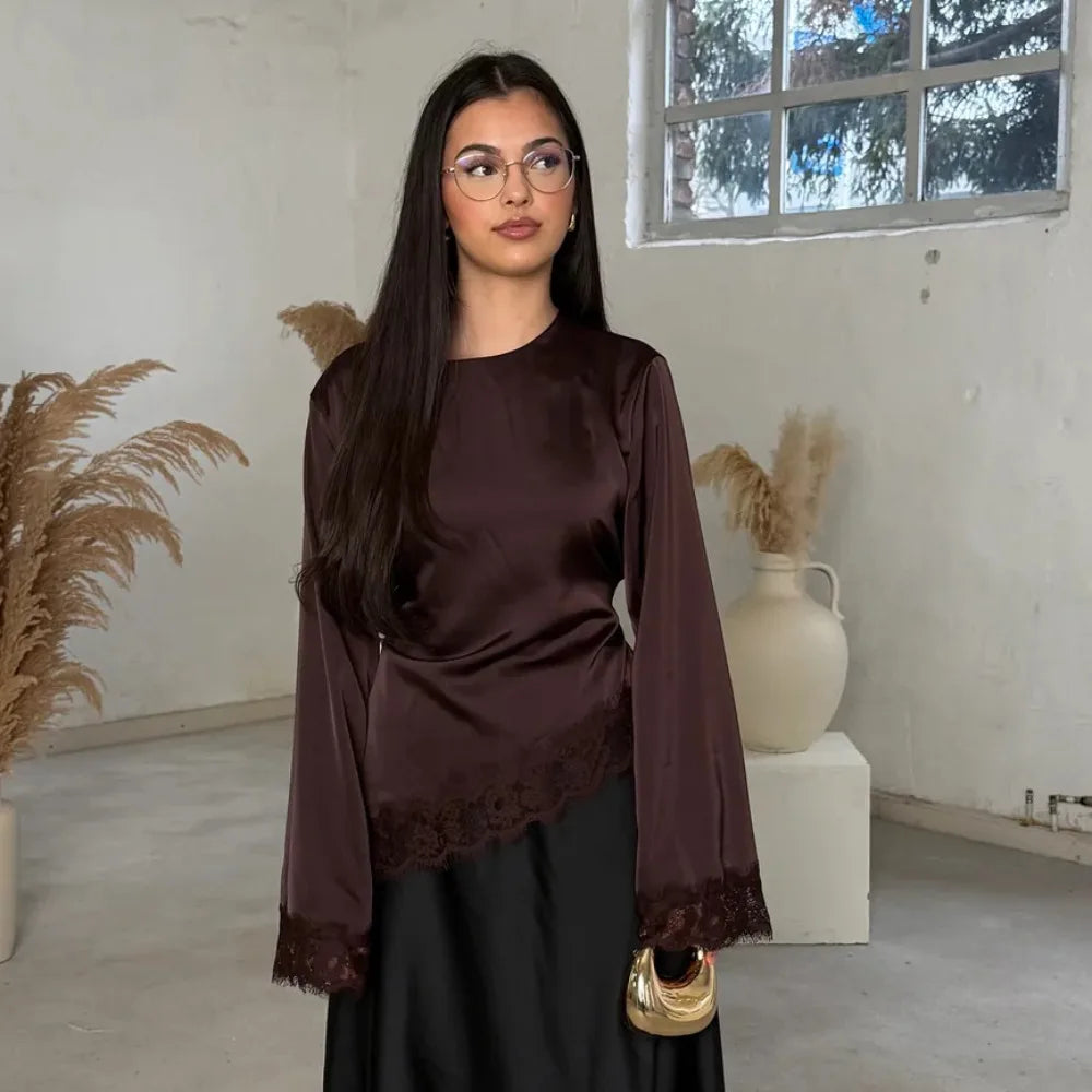 Women's Lace Patchwork Satin Top Asymmetric Hem Pullover