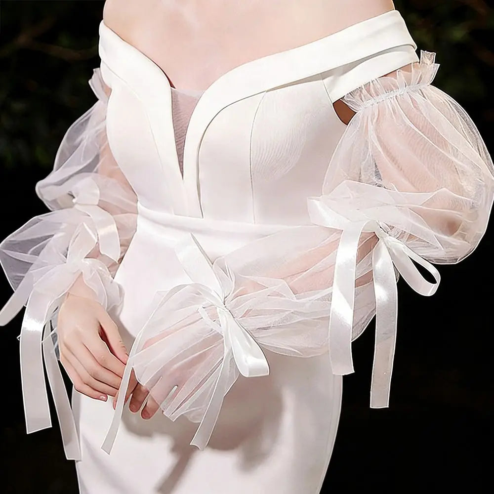Elegant White Lace Bridal Gloves with Pearls & Ruffles Bridal Gloves Nixie
