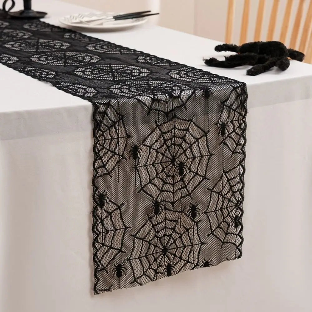 Black Halloween Lace Table Runner – Gothic Spider Web Cobweb