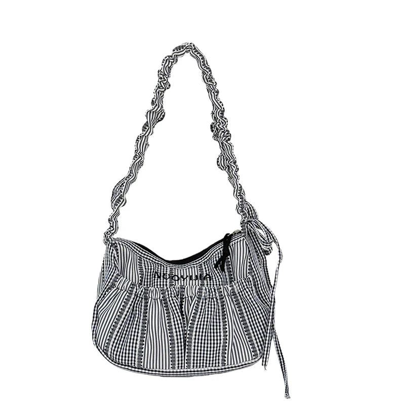 Blue White Plaid Lace Drawstring Crossbody Shoulder Bag