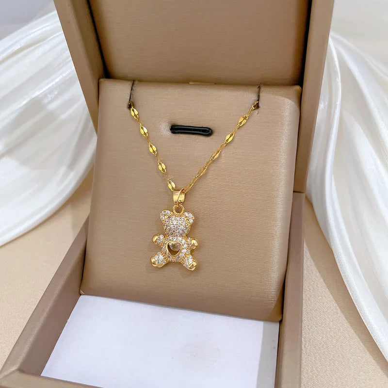Heart Bear Pendant Gold Choker Necklace – Stainless Steel Pendant Choker Necklace Nixie