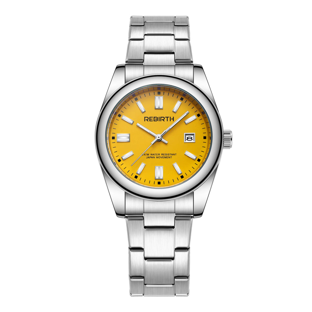 REBIRTH Quartz Watch – Stainless Steel, Auto Date, Elegant Quartz Wristwatch Nixie YELLOW