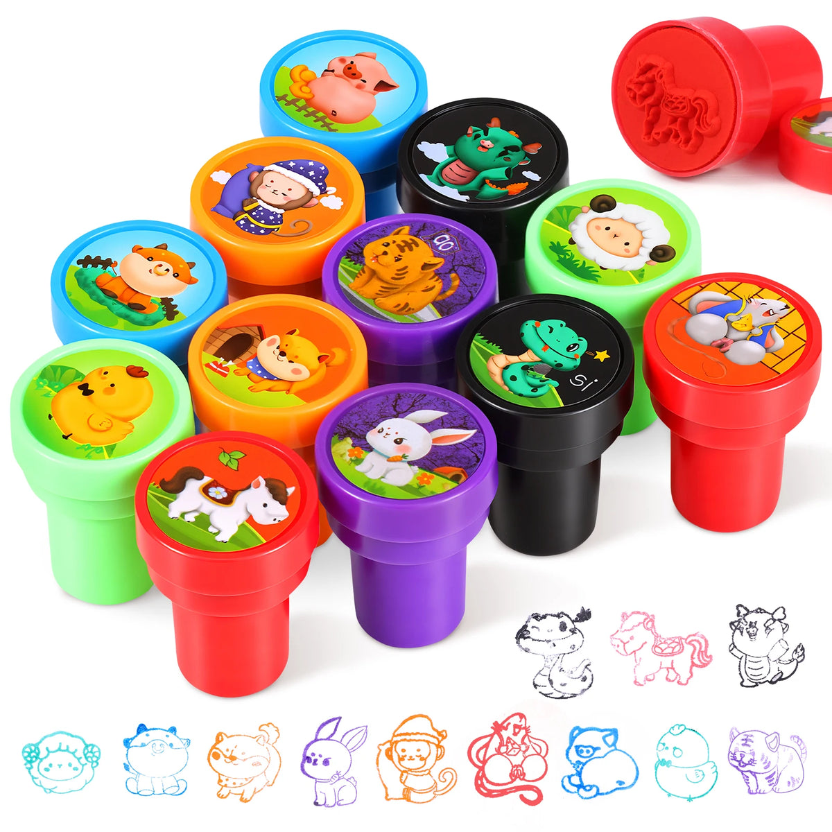 12pcs Cartoon Self-Inking Stamps for Kids – Animal & Game Set Kids Craft Stamps Nixie