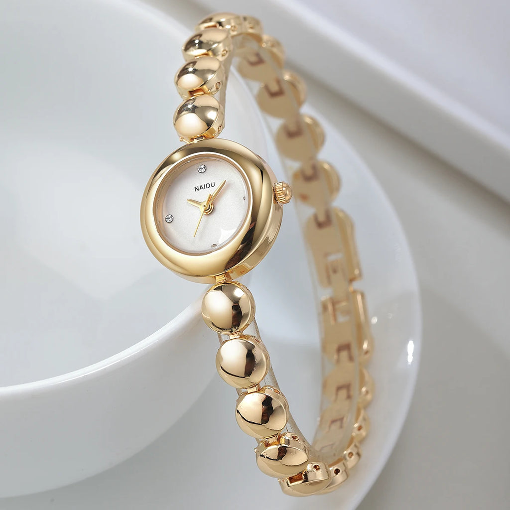 Gold Bead Chain Women's Quartz Watch – Rhinestone White Dial