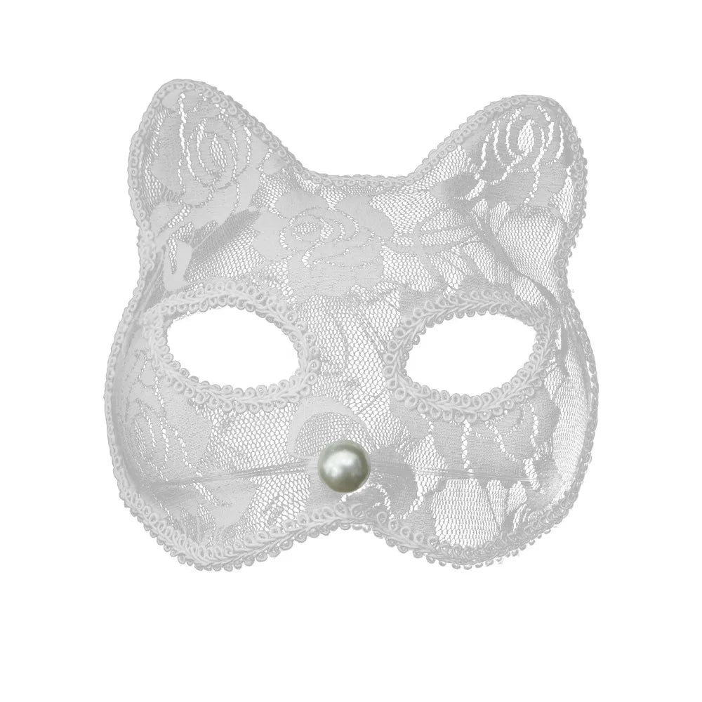 Cat Face Masquerade Lace Mask – Black & White Costume Prop Masquerade Mask Nixie White Pearl