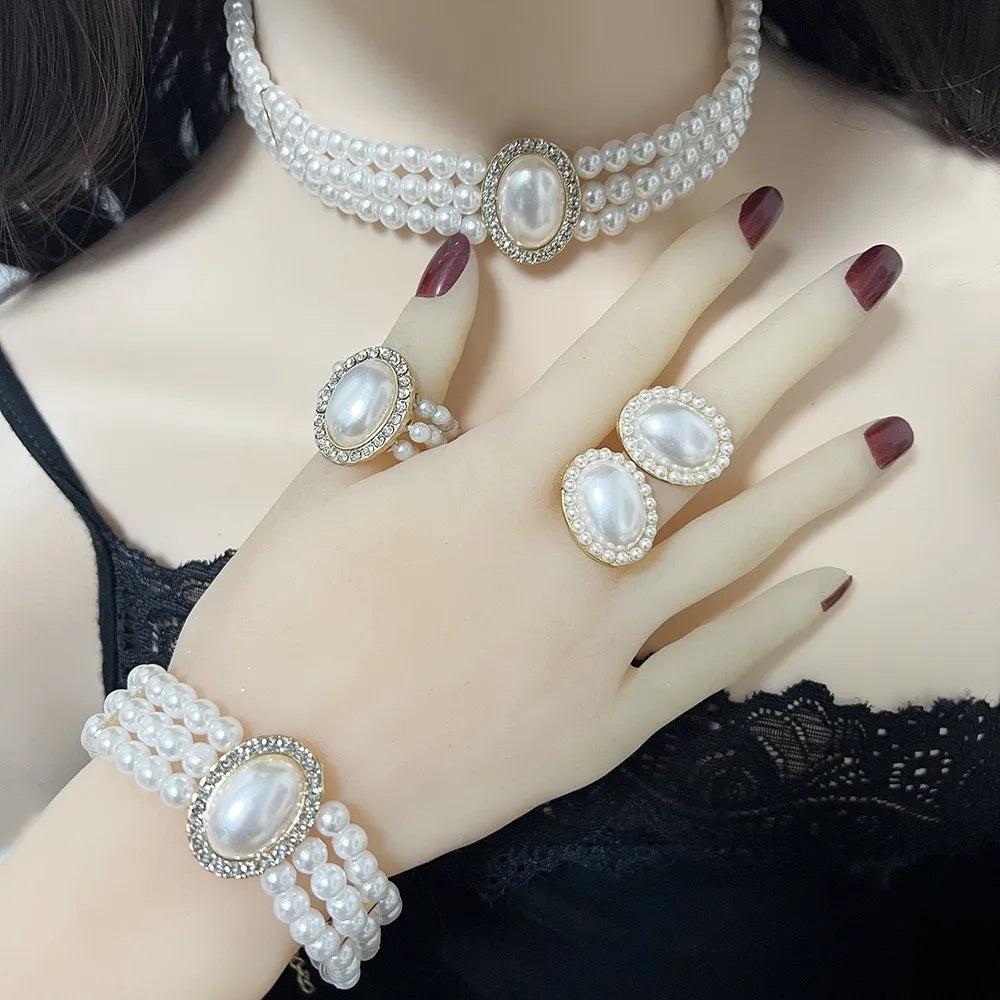 White Pearl Rhinestone Necklace Earrings Set – Bridal Jewelry Pearl Jewelry Set Nixie
