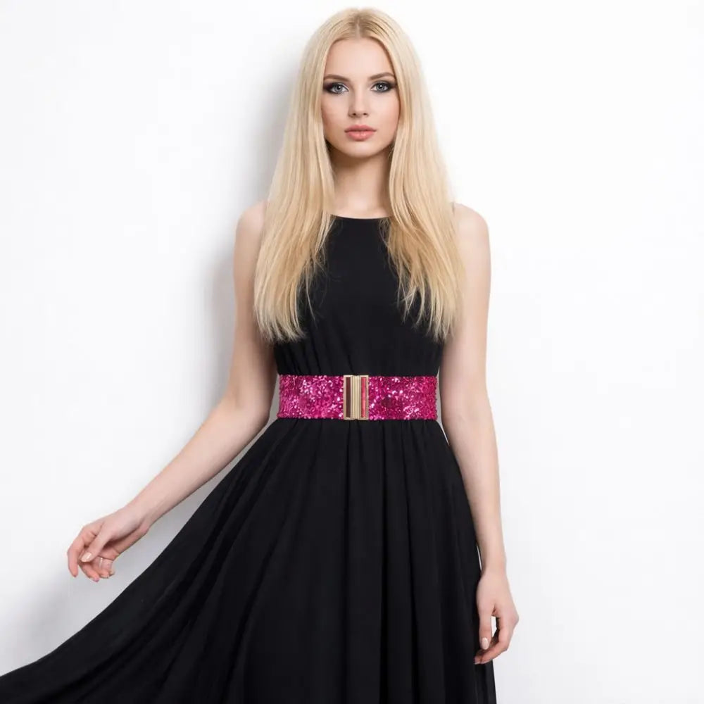 Women's Elastic Sequin Stretch Belt Gold Buckle – 60cm Sequin Stretch Belt Nixie