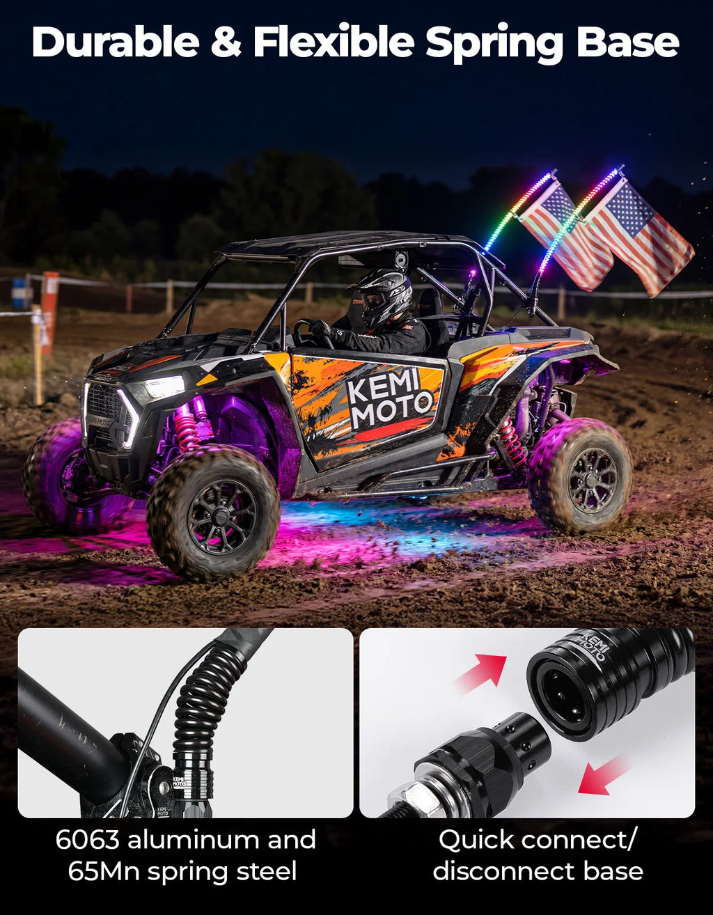 KEMIMOTO UTV ATV LED Whip Light & 4-PC Rock Lights | App & Remote UTV ATV LED Light Kit Nixie