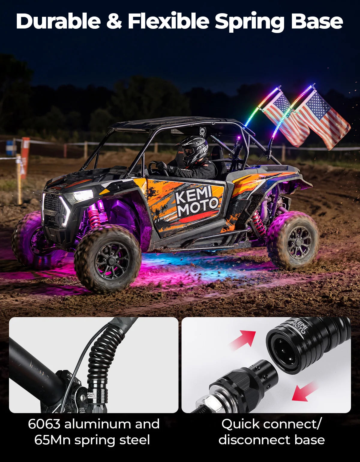 KEMIMOTO UTV ATV LED Whip Light & 4-PC Rock Lights | App & Remote UTV ATV LED Light Kit Nixie